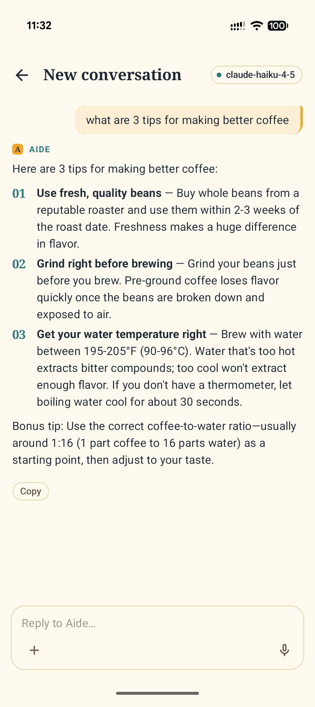 Aide chat screen — a numbered answer about brewing better coffee