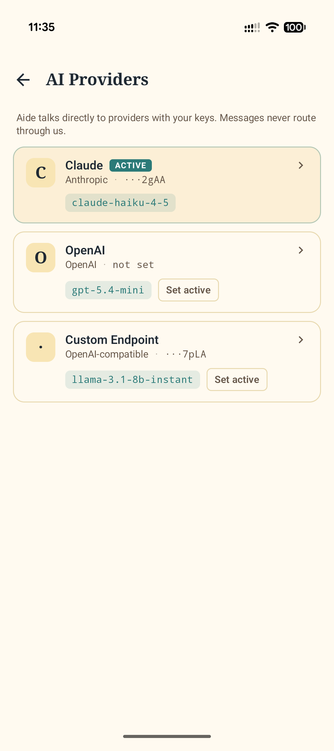 AI Providers — Claude, OpenAI, Custom Endpoint